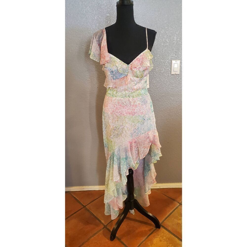 Amanda Uprichard‎ Lively Pastel Sequin Asymmetrical Ruffle  Midi Dress Size M - Picture 2 of 13